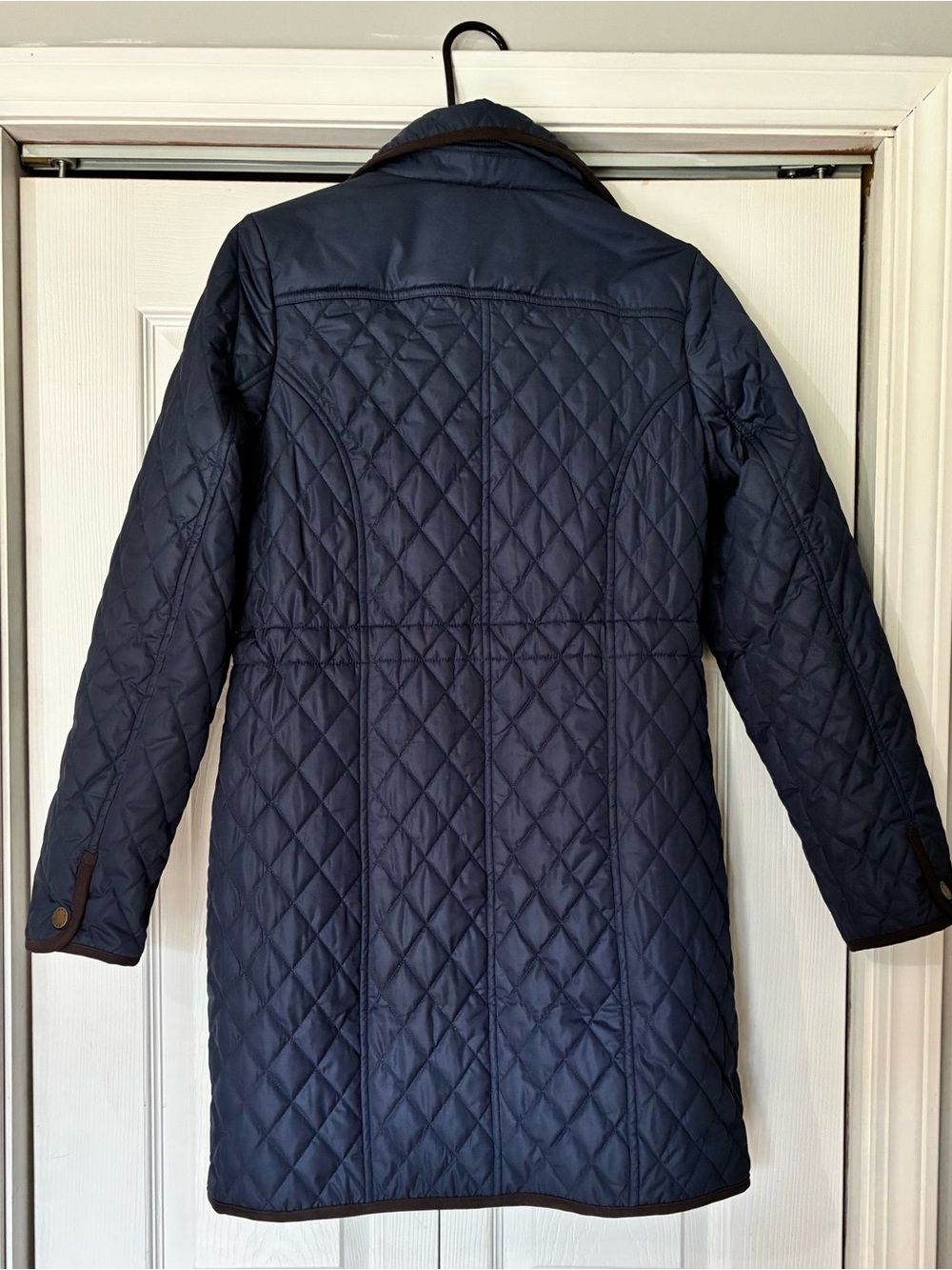 Orvis Women's Navy Quilted Long Puffer Coat with Brown Trim - Picture 2 of 4